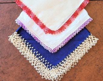 Three assorted linen hankies trimmed with hand tatting, blue, ivory & white handkerchiefs with hand tatted edges Excellent vintage condition