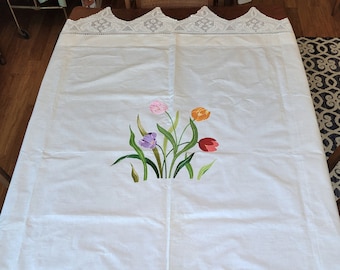 Tulips tablecloth wide filet lace border 70" Sq, 9" wide lace, vivid colors French Hand Embroidered on white linen, Excellent vintage condtn