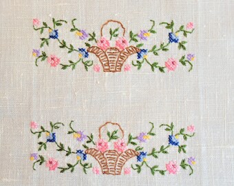 Floral tea or guest towel, hand embroidered cross stitch roses, leaves & baskets on ecru linen 18.5" x 12" Excellent unused vintage conditn