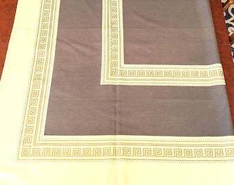 Greek Key Tablecloth, 68" x 52" gray & gold on smooth cream cotton rayon blend, appears unused and unwashed, Excellent vintage condition