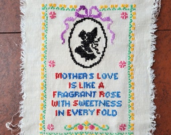 Vintage Vogart Cross Stitch Sampler, Mother's Love, on off-white linen, ready to frame, 13" x 10" Very Good vintage condition