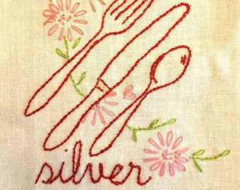Silver Kitchen Dish Towel, hand embroidered pink, red & green on beige linen, red striped borders 17" x 32" Excellent vintage unused conditn