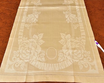 Art Deco Damask Bath or Show Towel, roses & greek key design, sturdy beige linen, unused, 21.5" x 45" NOS NWT Excellent vintage condition