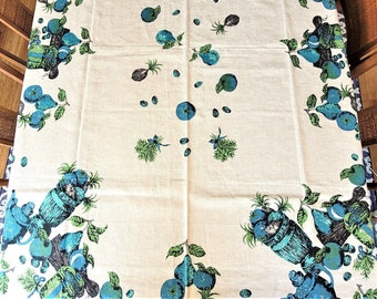 NWT Fairfield Fruits & Kitchenware Linen Tablecloth 70" x 52" blue on dark beige linen, original paper label NOS Excellent vintage condition