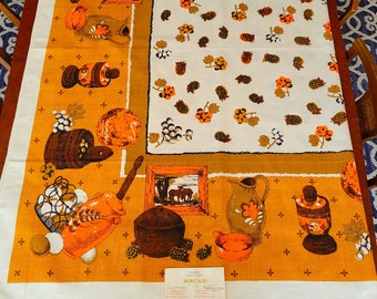 NWT Heritage Americana Tablecloth 79" x 60" orange, tans & browns on linen cotton blend, unused, Poland label, Excellent vintage condition