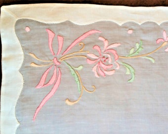 3 Madeira Chrysanthemum placemats, green & pink shadow embroidery on white organdy, white linen applique, NWT NOS Excellent vintage conditin