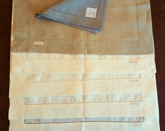 Sferra Festival placemats, 4 ivory, one brown & one gray napkin, pure linen, unused, wide hem with hemstitching, Excellent vintage condition