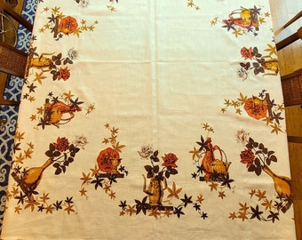 Victory Swedish Pottery Tablecloth, NWT Victory K&B Hand Prints in rust, brown and gold on ivory linen 52"sq unused, Exc vintage cond