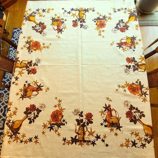 NWT Victory Swedish Pottery Tablecloth, Victory K&B Hand Prints in rust, brown and gold on off-white linen 52"sq excellent vintage condition