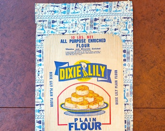 Dixie Lily 10# Flour Sack Unused cotton, still stitched, front & back paper labels 17.5" x 10.5" turquoise and navy Greek pattern on white