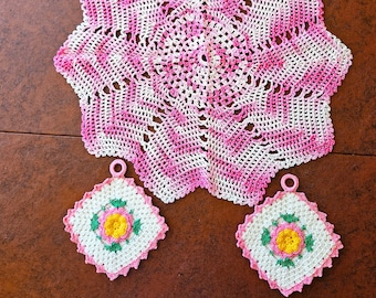 16.5" Variegated pink doily & two 4.75" Rose Potholders in pink, green, white and yellow, crochet cotton, Excellent vintage unused condition