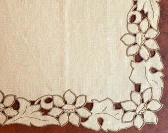 Floral Table Topper, small tablecloth 33" sq, Cutwork Embroidered taupe buttonhole stitch flowers & leaves on beige linen, Exc vintage cond