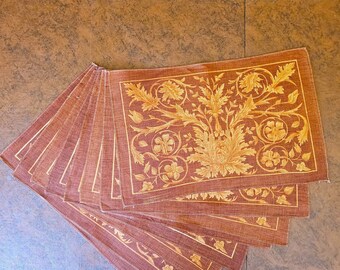 8 Acanthus Leaf placemats, rust & brown block print style hand screen printed on linen, autumn fall colors, Excellent unused vintage condtn