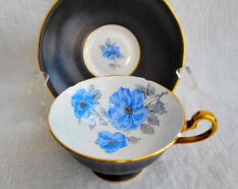 Wild Rose teacup & saucer, Matte Black, Blue flowers, gold trim, bone china England, Royal Stafford pattern #1828, excellent vintage condtn