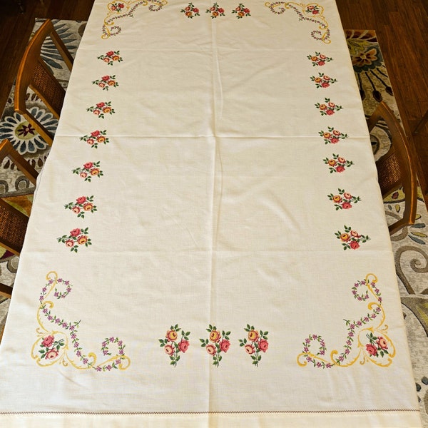 Petit Point Roses Tablecloth 46" x 70" hand embroidered violets and pink roses on off-white soft fabric, Swiss? Excellent vintage condition