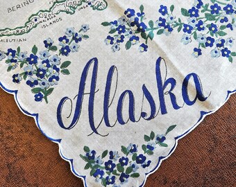 Vintage Alaska Map handkerchief hanky, state souvenir, blue Forget-me-nots on cotton, scalloped edge, by Franshaw, Excell vintage condition