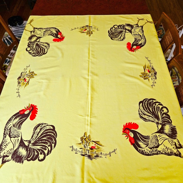 CHP Provincial Rooster Tablecloth 54" x 46" California Hand Prints red & brown on lemon yellow rayon cotton blend Excellent vintage conditn