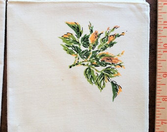 4 Moss Rose linen luncheon or tea napkins, yellow moss roses on light beige linen, 12" square, Excellent unused vintage condition