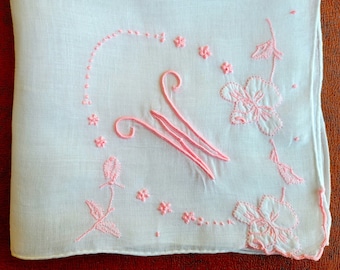 Madeira W monogram handkerchief, hanky, pink applique & hand embroidery on white linen, hand rolled hem 12" sq Excellent vintage condition