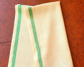 2 Striped Linen Kitchen table runners or Tea or Dish Towels, green stripes on beige raw linen 29.5" x 16" Excellent unused vintage condition