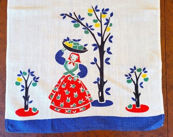 Broderie Tea or Dish towel, Peasant or Farm woman with fruit basket on head, vivid colors on white linen, unused 27" x 17" Exc vintage cond
