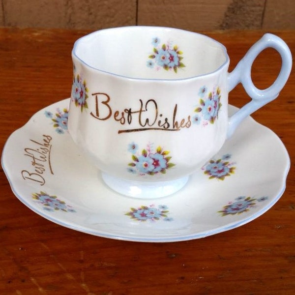 Rosina Bone China Best Wishes teacup & saucer with blue trim and Forget-me-nots, Best Wishes in gold, Very good vintage condition