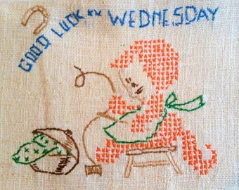 6 Good Luck Kittens Days of the Week Tea or Dish Towels, hand embroidered, heavy linen, blue stripes 18" x 28" Excellent unused vintage cond