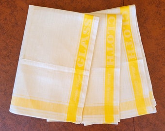 3 pure linen Glass Cloth Dish Towels, yellow stripes on white linen for fine crystal & china, No lint! Excellent unused vintage condition