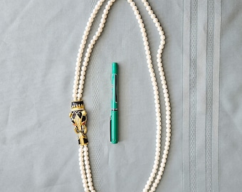 Pearl Necklace with Leopard Head with enamel and crystals, 36" 2 strands white faux pearls, Lady Remington 1990s Exc vintage condition