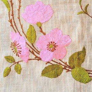 Pink Roses Pillow Cover Top or MCM Wall hanging, hand embroidered vivid colors on tan silk 20 sq, no backing, Excellent vintage condition image 2