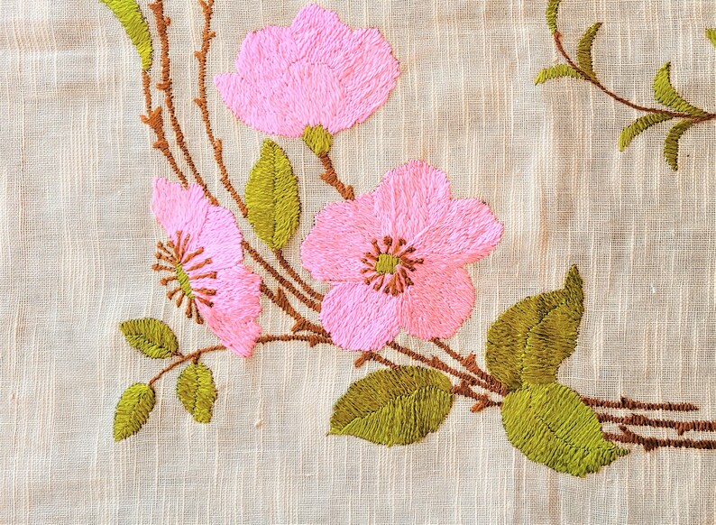 Pink Roses Pillow Cover Top or MCM Wall hanging, hand embroidered vivid colors on tan silk 20 sq, no backing, Excellent vintage condition image 2