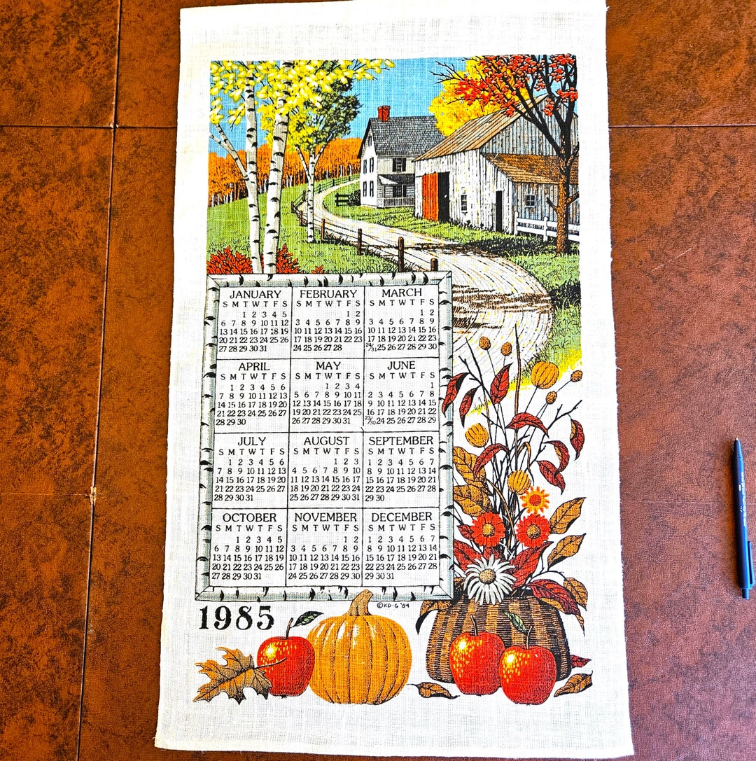 1985 Calendar Towel, Farm & Barn With Birch Trees in Fall, Autumn