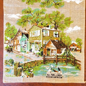 NWT Parisian Prints Fishing Village Tea or Dish Towel, Kitchen Table  Runner, New England Seacoast, Label Excellent Unused Vintage Condition 