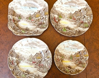 Olde English Countryside three salad plates, one 6.25" bread & butter plate, Johnson Bros Ironstone transferware Excellent vintage condition