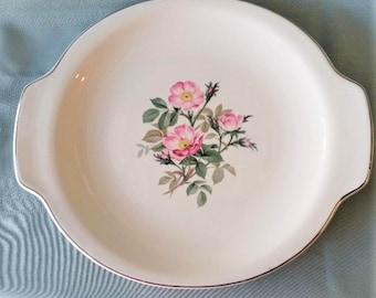 Harker Ware Wild Rose lug handled Cake Plate with Moss Roses and silver or platinum trim, 13.5" x 11.25", VG to Excellent vintage condition