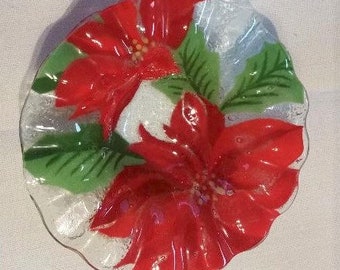 Poinsettia fused glass candy dish or accent bowl by Anne C. Ross 6.75" round, Pairpoint Harwich Cape Cod MA Excellent vintage Condition