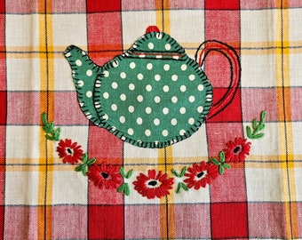 Teapot Kitchen Dish or Tea Towel, embroidered & appliqued in naive or primitive style, red and yellow plaid linen, unused, Exc vintage cond