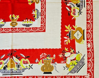 Spice Tablecloth 45" sq, red, gray, lime green, egg basket, fruit bowl, spice jars by P&S Creations, Post and Sherman  Exc vintage cond
