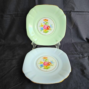 2 Rosina Bone China rounded square 8" salad or luncheon plate, mixed floral center, one green border, one blue, gold trim, Made in England
