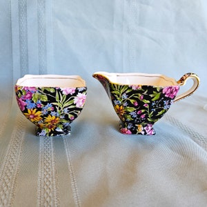 Royal Winton Grimwades Nantwich Ascot open sugar bowl & creamer in black chintz with gold trim, made in England, Very Good vintage condition