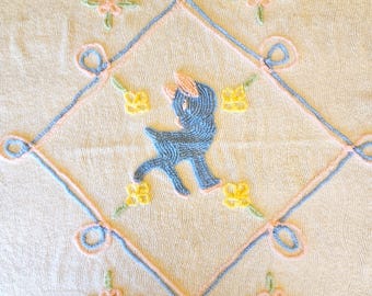 Child's Chenille crib coverlet or toddler bedspread, blue lamb, pink, blue & yellow flowers and grid on white cotton 60" x 40"