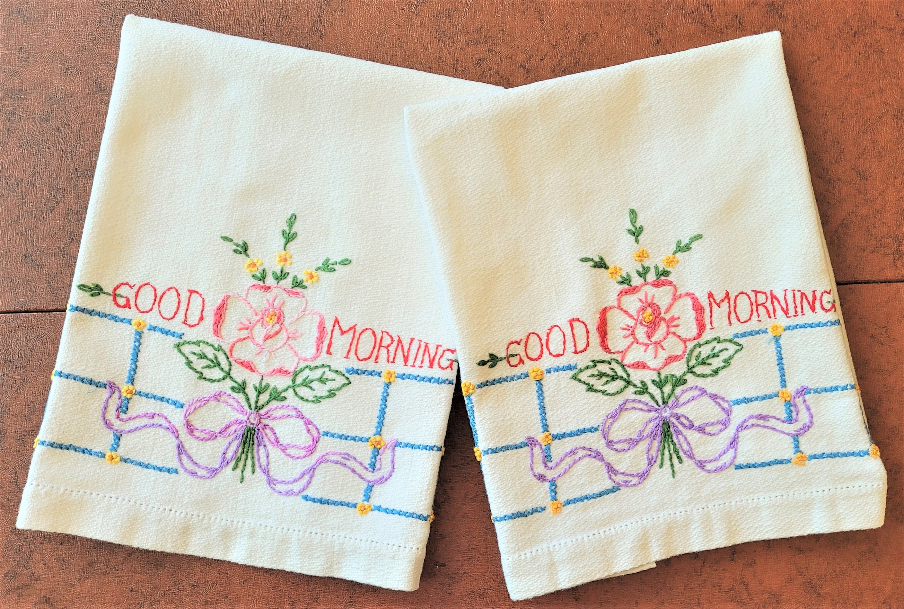 2 Good Morning Dish or Guest Towels, Hand Embroidered Pastel Roses &  Ribbons on Heavy White Cotton, Boott Mills Lowell MA, Exc Vintage Condn -  Etsy