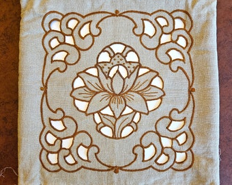 Water Lily Pillow Cover, no insert 16" square, hand cutwork embroidery in warm brown on dark beige linen, Excellent vintage condition
