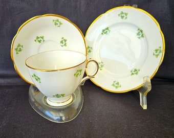 Royal Tara Killarney Shamrocks Trio teacup, saucer & 6.25" dessert or bread butter plate, scalloped gold trim, Bone China, Galway Ireland