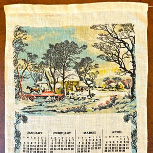 1976 Calendar Dish Towel, Winter Morning on a Colonial Farm, Currier & Ives style, wooden bridge, cows, off-white linen Excell vintage cond