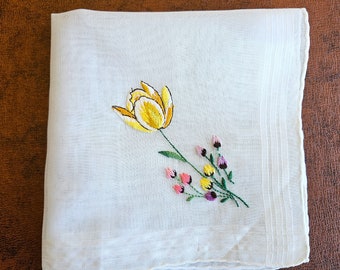 Tulips handkerchief hanky, Swiss hand embroidery, yellow, pink, purple on white cotton, hand rolled hem 11" sq label Exc unused vintage cond