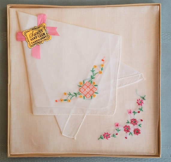 Two old handkerchiefs embroidered white cotton hands in their original box