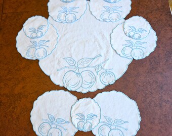12 pc Apple Doily Dessert or Tea set with 16.75" center doily, 6 placemats, & 5 coasters, blue hand embroidered fruit Very Good vintage cond