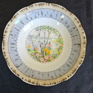 Royal Albert Silver Birch 6.25&quot; coupe cereal Bowl, trees, flowers by pond on white bone china, gold trim, England, Excellent vintage cond