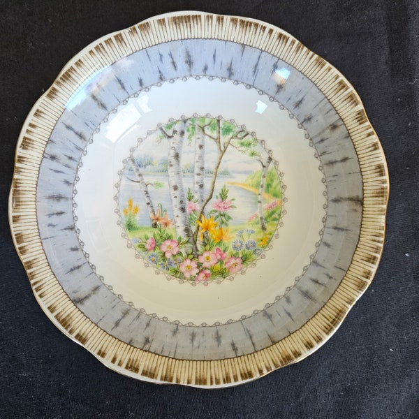 Royal Albert Silver Birch 5.5" fruit or dessert Bowl, trees, flowers by pond on white bone china, gold trim, England, Excellent vintage cond